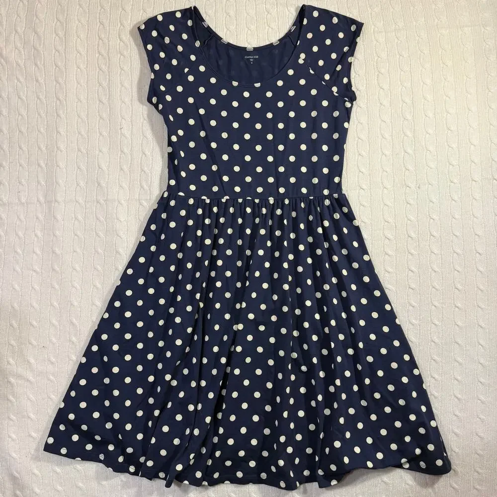 Garnet Hill Navy Polka Dot Jersey Knit Summer Fit and Flare Sundress 10/M - Picture 2 of 8